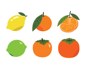 Flat Cartoon Fruit Vector Set – Lemon, Orange, Lime, Persimmon in Clean Minimal Design
