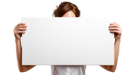 Anonymous female figure holding a blank white placard concealing her identity for a powerful conceptual message about privacy protest or communication.