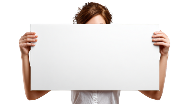 Anonymous female figure holding a blank white placard concealing her identity for a powerful conceptual message about privacy protest or communication.