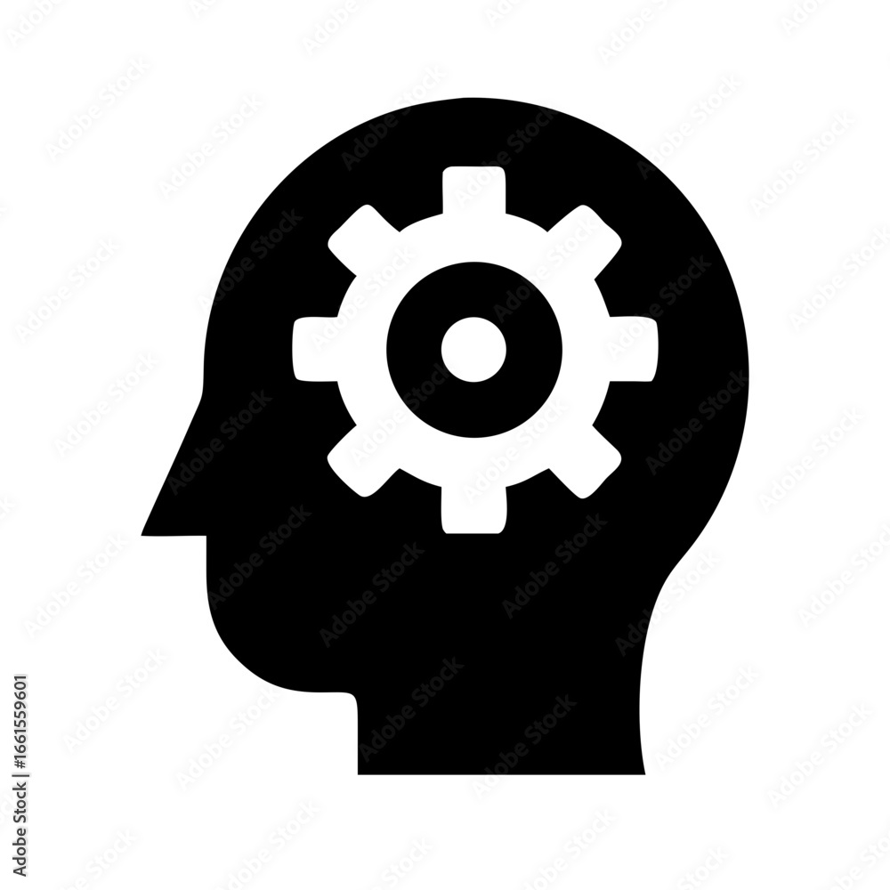 Poster silhouette of a head with a gear inside representing thinking and problem solving processes in black
