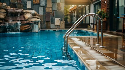 Inviting turquoise swimming pool with a modern metal ladder and a cascading waterfall feature in a resort setting