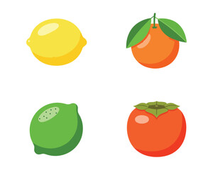 Flat Cartoon Fruit Vector Set – Lemon, Orange, Lime, Persimmon in Clean Minimal Design