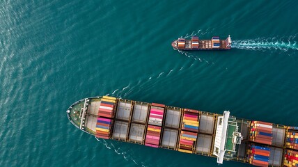 Fototapeta premium Aerial view of two large cargo container ships sailing across a vast blue ocean showcasing global trade and logistics