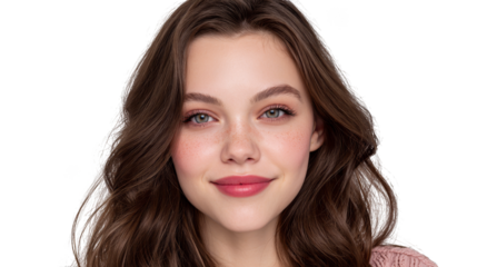 Portrait of a youthful woman with flowing long brown tresses cascading down her shoulders her gentle gaze hinting at a story untold in the soft ambient light.