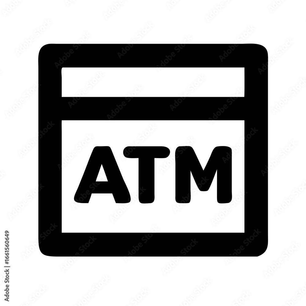 Poster a simple black and white atm icon with rounded corners and bold letters indicating its purpose and f