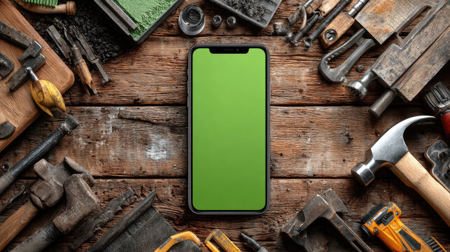digital marketplace for building materials with flat lay of construction tools, smartphone, showing website interface for online shopping, modern e-commerce concept for renovation and trade