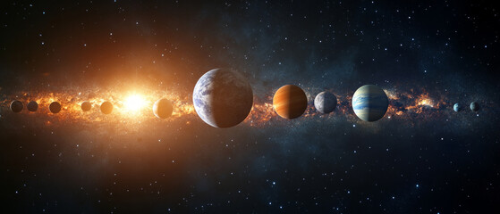 Fototapeta premium An abstract background with planets and stars depicting the solar system — a texture for scientific articles, educational materials, and cosmetic packaging design.