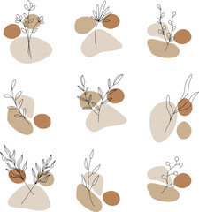 Minimal abstract floral vector set with leaves and flowers in earthy tones and geometric shapes. Perfect for modern wall art, posters, and boho-inspired design