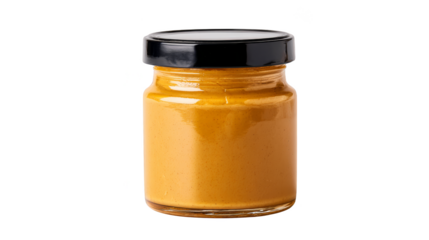 A culinary still life showcasing a pristine glass jar of golden yellow mustard sauce its smooth texture and rich color highlighting its role as a versatile and delicious condiment.
