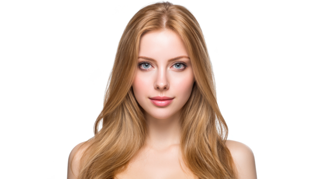 A beautifully detailed portrait of a captivating young woman with beautiful flowing long blonde hair framing her delicate features and accentuating her striking clear blue eyes.