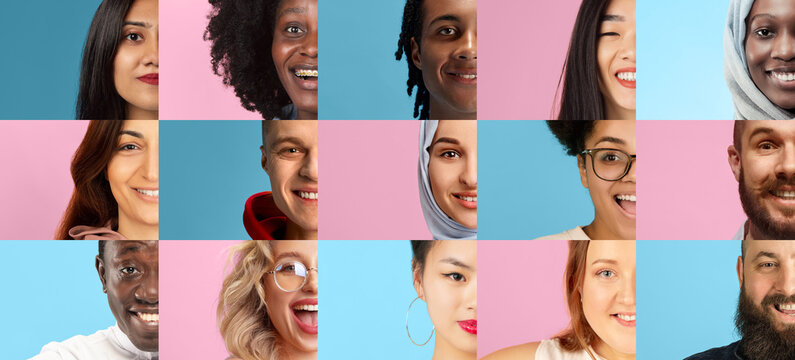 Collage of diverse people smiling with positive emotion on colorful backgrounds. Concept of community, inclusion, teamwork, global unity, human connection, equality and happiness.