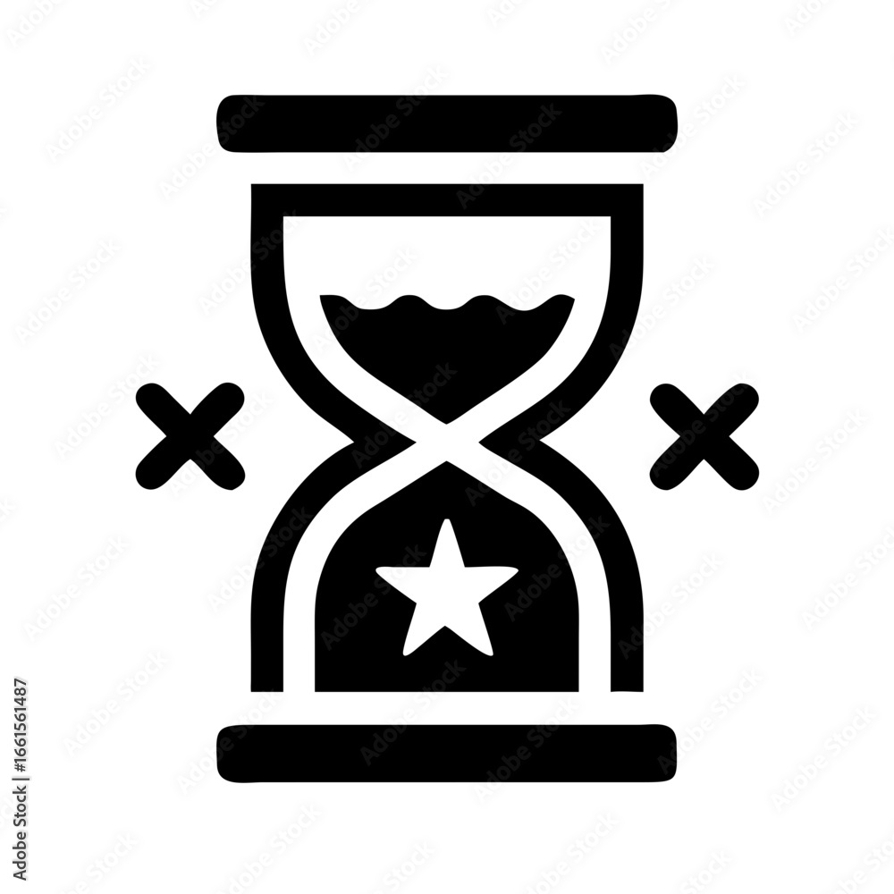 Poster black hourglass with a star on the bottom and two x marks on either side on a white background