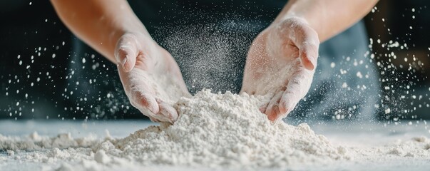 A pair of hands sprinkle flour over a mound, creating a dynamic scene of baking or cooking with a dusting effect.