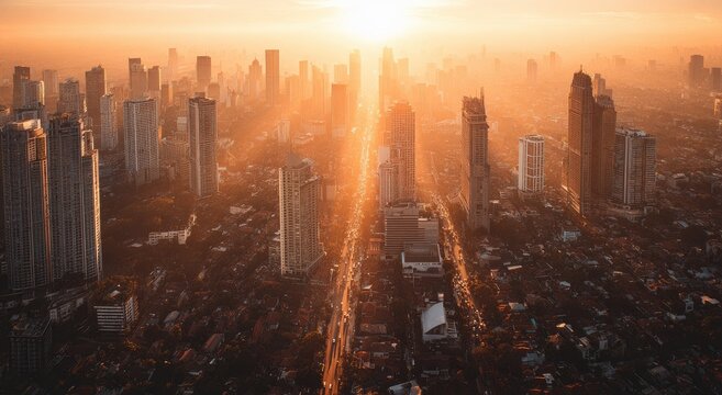 Sunrise over a bustling city skyline.  High-angle view of numerous skyscrapers, roads, and buildings. Golden light radiating from a bright sunrise, illuminating the city center
