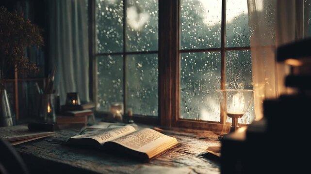 Cozy study room with open book, candlelight and rainy window, Generative AI