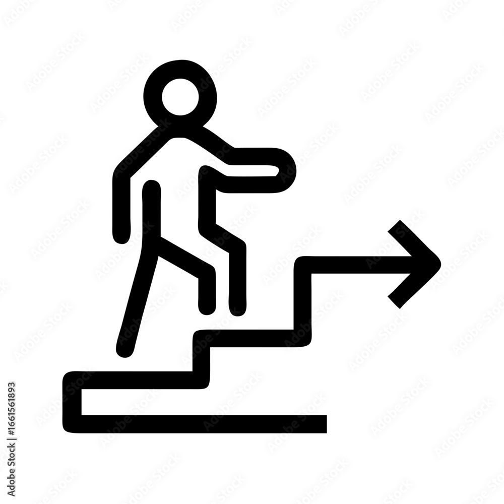 Poster simple line drawing of a person climbing stairs with an arrow indicating forward direction and progr