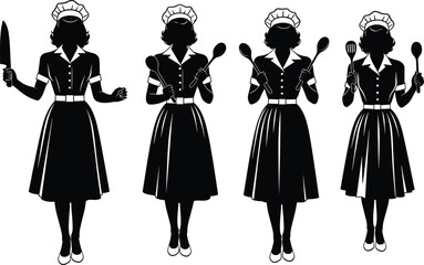 Maid silhouette vector set with kitchen utensils, vintage waitress uniforms, cooking poses for culinary, retro, and domestic work themes