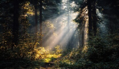 Naklejka premium Sunlight streams through a misty forest. Sunlight beams pierce the dense canopy, illuminating a forest floor blanketed in golden light and shadowed foliage