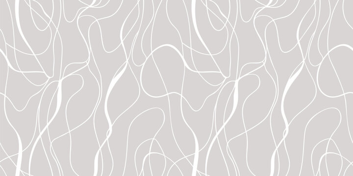 Abstract line seamless pattern. Grey and white vector background with thin curvy lines, threads, ropes, fluid shapes. Subtle minimal organic texture. Repeating design for textile, print, wallpaper