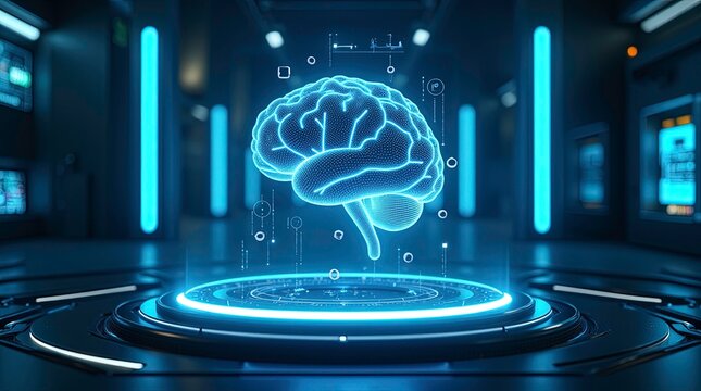 Digital brain hologram floating above a circular futuristic platform inside a high-tech laboratory. Blue lights, HUD elements, and network connections surround the brain, AI technology .