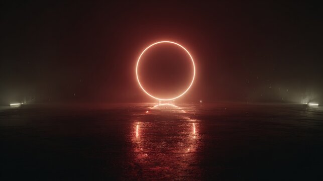 Glowing solar eclipse surrounded by red cosmic dust and stars in deep outer space. - Powered by Adobe