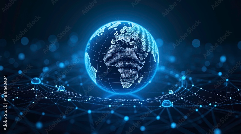 Fototapete glowing digital earth globe surrounded by data interfaces and lines of connection by glowing data st