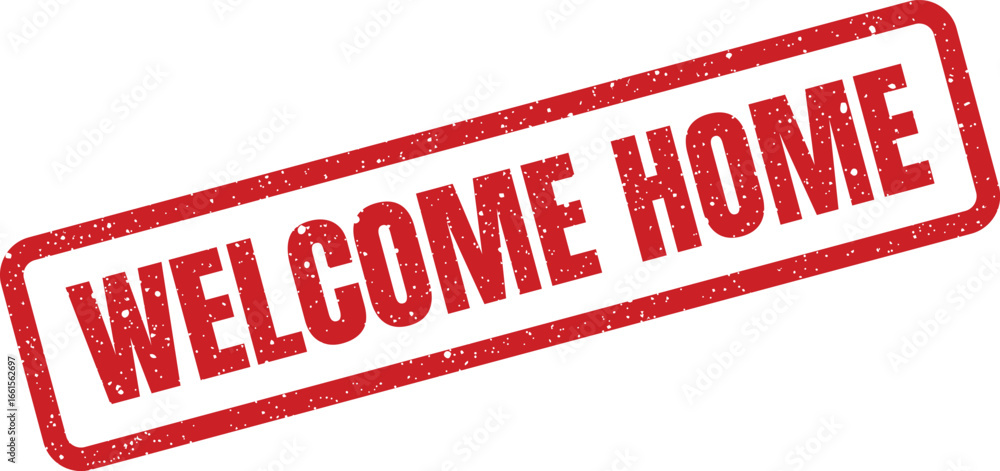 Poster distressed welcome home message illustration within a textured red rectangular stamp shape