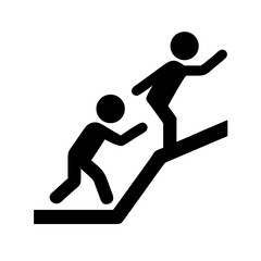 Two stick figures climbing an upward sloping surface with one helping the other in black and white style