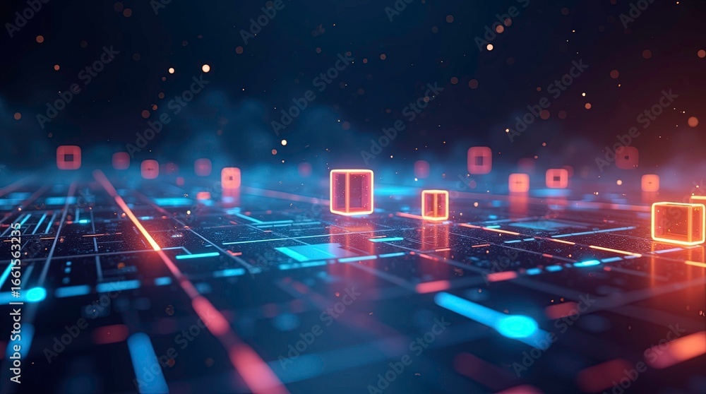 Aufkleber a futuristic 3d scene with glowing neon cubes hovering in a dark digital space high-tech grid, ai ge
