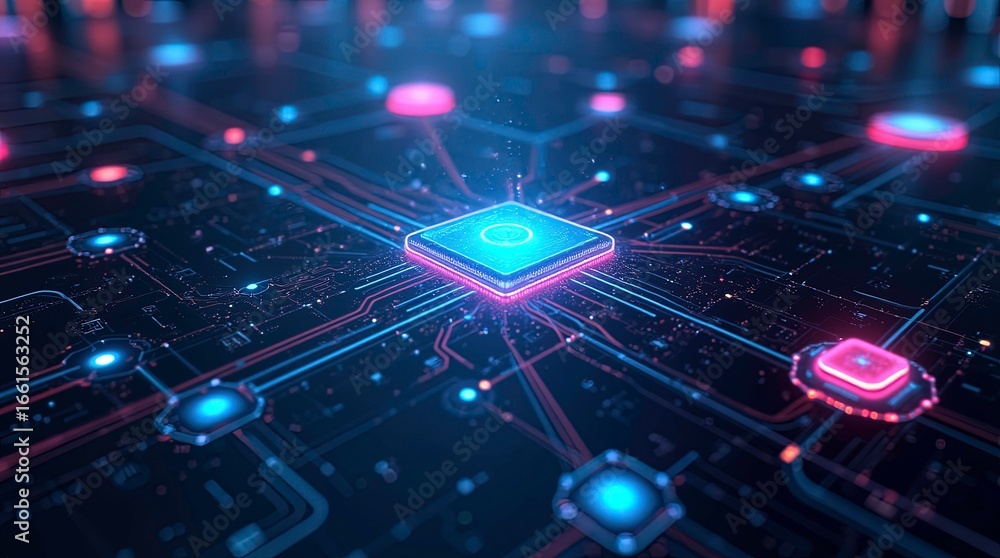 Aufkleber circuit board's intricate design, showcasing the central processing unit and its complex network of 