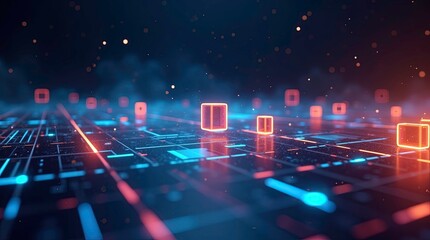 A futuristic 3d scene with glowing neon cubes hovering in a dark digital space high-tech grid, AI Generative