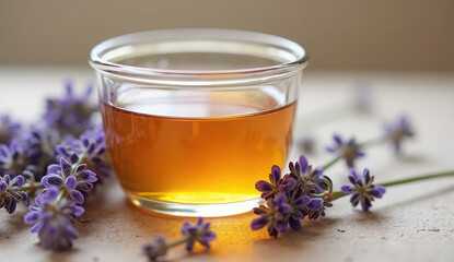 Fototapeta premium Rustic Minimal Composition with Amber Liquid and Fragrant Lavender