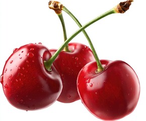 Three ripe, glossy cherries with water droplets