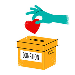 hand places a heart in a box labeled donation. the concept of voluntary donations to charitable and social funds. bright flat cartoon drawing with texture and lines. stock vector illustration. EPS 10.