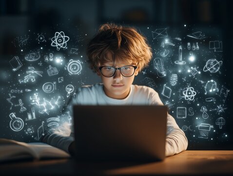 Young student focused on science and digital learning with a futuristic laptop.