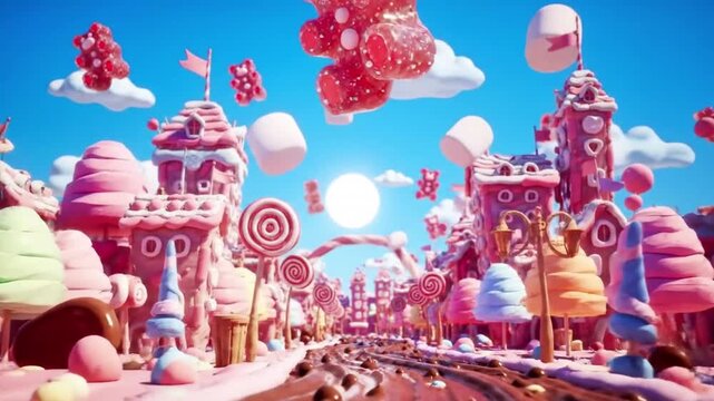 Fantasy Candy Land with Lollipops and Sweets.
Vibrant fantasy candy world filled with giant lollipops, sweets, and colorful decorations, playful magical dreamland.
