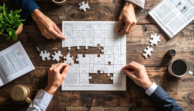 Team Solving A Puzzle On Wooden Table - Powered by Adobe