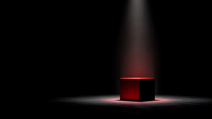 Red cube dramatically lit by spotlight on dark stage floor