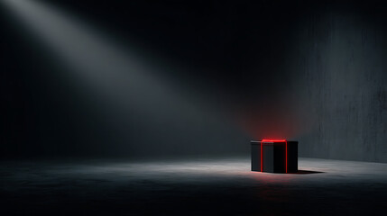 Mysterious black box glows with vibrant red light in dark space