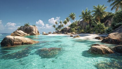 Tropical paradise beach scene.  Clear turquoise water laps a white sand beach fringed with palm trees and dramatic rocks. Sunlight bathes the scene