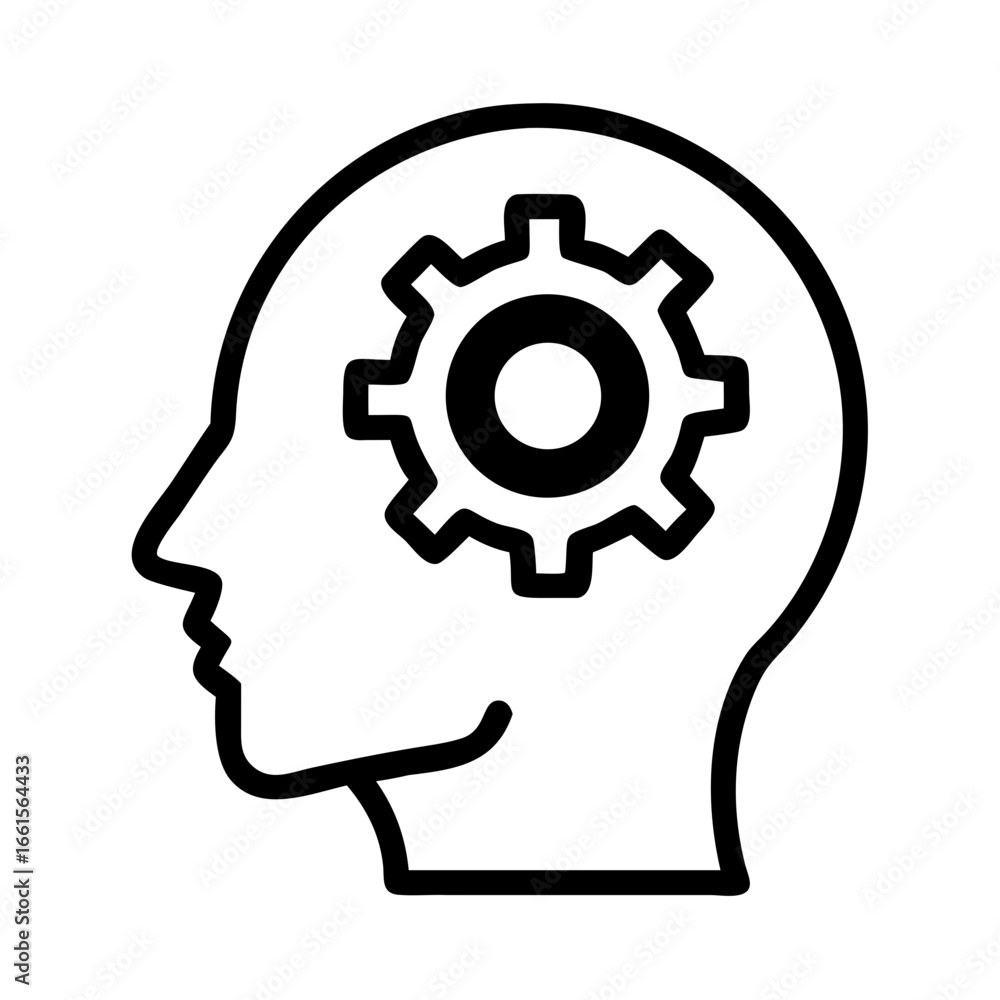 Poster head with gear brain thinking process innovation problem solving strategy mind intelligence concept 