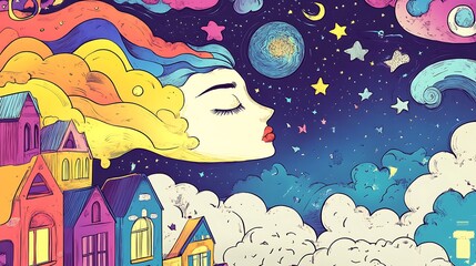 Woman in colorful dreamy sky illustration