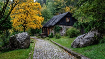 Autumnal cottage nestled in a wooded valley. Cobblestone path leads to a rustic, dark-wood home surrounded by vibrant fall foliage and large rocks
