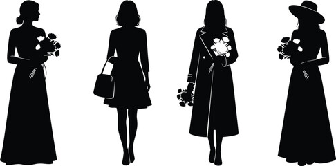 Women silhouette vector set holding flower bouquets in stylish outfits, showcasing fashion, elegance, and seasonal charm for lifestyle themes