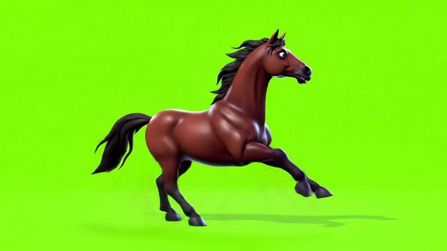Realistic animated brown horse running sequence on green screen background