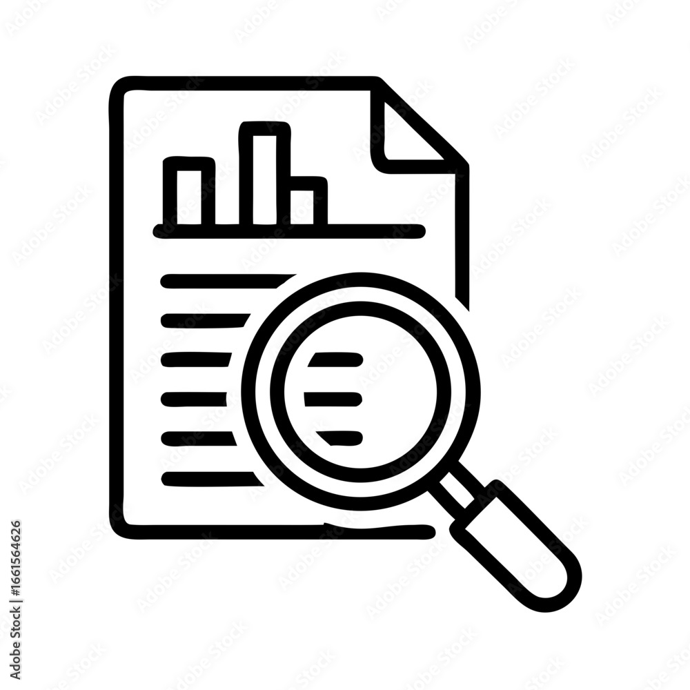 Poster data analysis report with magnifying glass for business insights and document examination process re