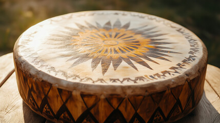Fototapeta premium Close-up of an authentic shamanic drum with hand-painted tribal patterns
