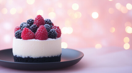 Delicate dessert with assorted berries on a charcoal plate, soft pastel background