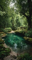 Naklejka premium Serene forest pool. Lush green trees frame a crystal-clear emerald pool