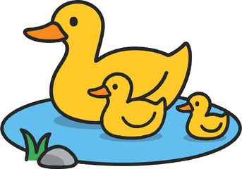 Flat vector illustration of a yellow duck with two ducklings swimming in blue pond, representing farm animals, wildlife, family, nature, education, and countryside life.